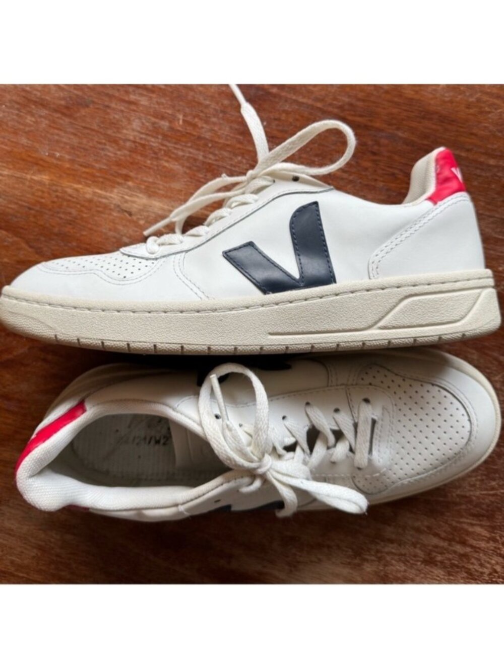 Veja White Sneakers with Black V and Red Heel Accent Size 7